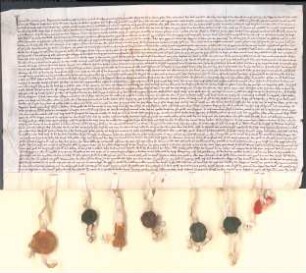 Schiedsspruch in derselben Sache von der Herzogin Johanna von Brabant, wonach der Graf von Kleve verpflichtet wird, jene Schuldforderung aus seinen Einkünften des Landes Mechelen abzutragen. Gegeven 1359 acht dage in die maent van ottober. 7 Siegel angehangen in unterschiedlichen Zuständen. Vgl. Schleidgen, Kleve-Mark Urkunden Regesten, Bd. 1, Nr.426, Urkunde 397, Nr.427, Urkunde 398, Nr.418, Urkunde 389, Nr.419, Urkunde 390, Nr.430, Urkunde 400.