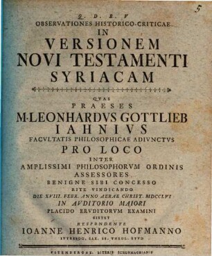 Observationes Historico-Criticae In Versionem Novi Testamenti Syriacam