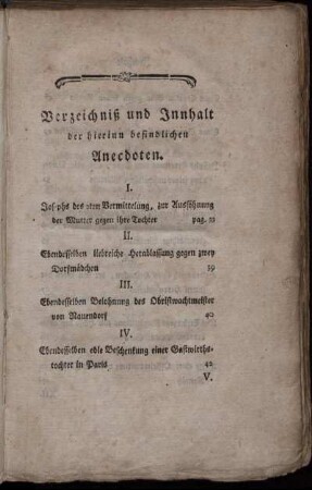 Verzeichniß und Innhalt der hierinnen befindlichen Anecdoten.