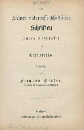Die kleinen naturwissenschaftlichen Schriften (Parva Naturalia) des Aristoteles