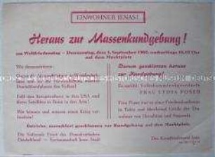 Propagandaflugblatt der Nationalen Front Jena mit einem Aufruf zur Teilnahme an einer Massenkundgebung zum Weltfriedentag