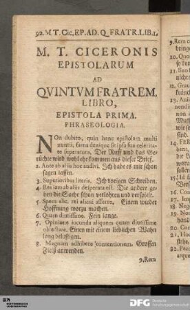 M. T. Ciceronis Epistolarum Ad Quintumfratrem Libro