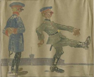 Angetrunkener Soldat im Stechschritt einen Offizier passierend (Karikatur)