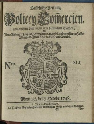 Nro. XLI, Montags, den 7. Octobr 1748