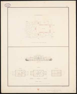Wirtschaftsgebäude für ein Vorwerk: Lageplan, Wohnhaus Vorderansicht, 1. und 2. OG, Dachbalkenlage