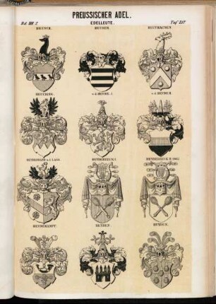Taf. 217. Heusch. - Heuser. - Heuthausen. - Heucking. - v. d. Heyde I. - v. d. Heyde II. - Heydebrand u. d. Lasa. - Heydebreck I. - Heydebreck II. (1862). - Heydekampf. - Heyden. - Heyden