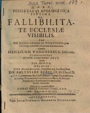 Dissertatio Apologetica Septima De Fallibilitate Ecclesiae Visibilis