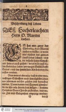 Beschreibung deß Lebens DEß Hocherleuchten Herrn D. Martini Lutheri.