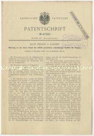 Patentschrift einer Neuerung an durch Patent Nr. 24849 geschützten selbsttätigen Ventilen für Pumpen, Patent-Nr. 41580