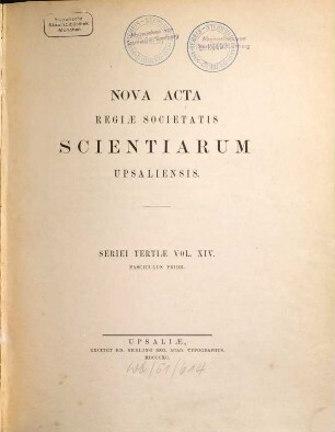 Nova acta Regiae Societatis Scientiarum Upsaliensis, 14. 1890
