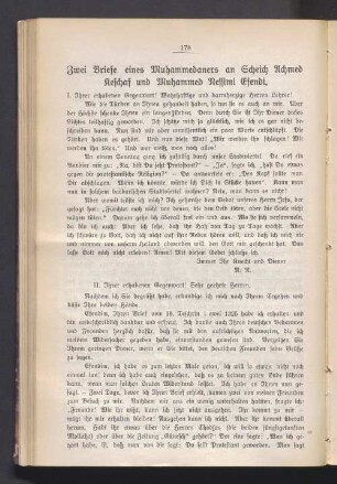 Zwei Briefe eines Muhammedaners an Scheich Achmed Keschaf und Muhammed Nessimi Efendi