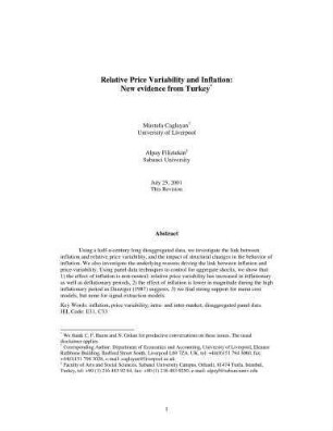 Relative Price Variability and Inflation : New evidence from Turkey