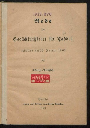 Rede zur Gedächtnißfeier für Taddel, gehalten am 22. Januar 1869
