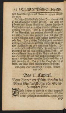 Das II. Capitel. Vom Wapen der Pfaltz-Grafen bey Rhein Birckenfeldischer oder Spanheimischer Linie