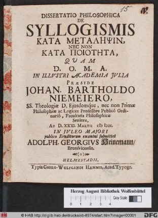 Dissertatio Philosophica De Syllogismis Kata Metalēpsin, Nec Non Kata Poiotēta