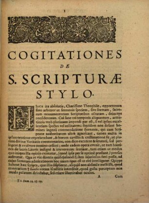 Roberti Boyle, Nobilissimi Angli, Et Societatis Regiae Dignissimi Socii, Opera Varia, [1,12]. Cogitationes De S. Scriptvrae Stylo