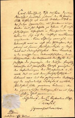 5-10-11-4.0000: Kiesel, Dr. Karl, Direktor des königlichen Gymnasiums und Kiesel, Conrad, Maler; diverse Schreiben ff.: Zeugnis für Carl Windscheid