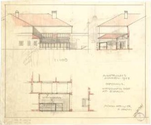 Pfann, Paul; München - Theresienhöhe; Ausstellung München 1908 - Cafehaus, Wirtschaftshof mit Eisraum (Grundriss, Ansicht, Ansicht m. Schnitt)