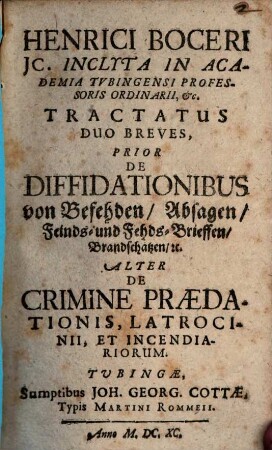 Tractatus duo ... prior de diffidiationibus ... alter de crimine Praedationis