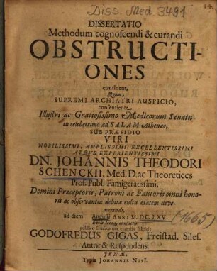 Dissertatio Methodum cognosendi & curandi Obstructiones continens