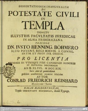 Dissertationem Inauguralem De Potestate Civili In Templa