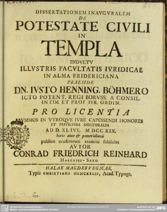 Dissertationem Inauguralem De Potestate Civili In Templa