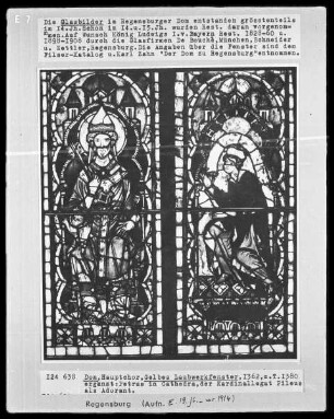 Fenster H I, Gelbes Laubwerkfenster. Untere Felder: Petrus auf der Kathedra mit kniendem Stifter Philippus