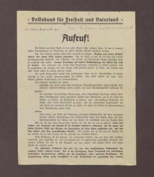 Aufruf des Volksbundes für Freiheit und Vaterland und Verzeichnis des Vorstands, des Arbeitsrats und der Ausschussmitglieder
