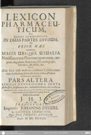 2 (1698): Lexicon pharmaceuticum : pro majori Commoditate in duas Partes divisum
