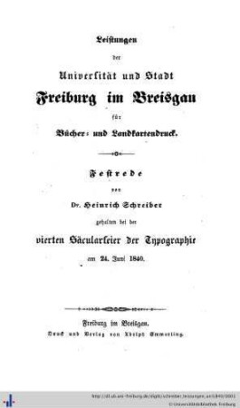 Leistungen der Universität und Stadt Freiburg im Breisgau für Bücher- und Landkartendruck