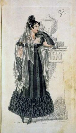 Biedermeier Mode aus: Journal für Literatur, Kunst, Luxus und Mode, Bd. 33, Jg. 1818 — Tafel 2: Englische Dame in Trauer