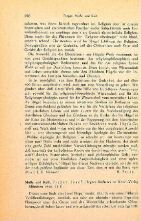498-499 [Rezension] Pieper, Josef, Muße und Kult