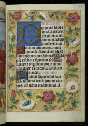 Initialzierseite (Horen zum heiligen Kreuz): D(omine labia mea) ; Trompe l'oeil-Rahmen mit Blütenzweigen und Insekten