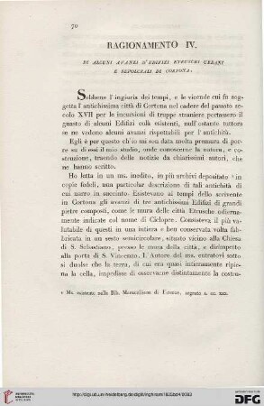 Ragionamento IV. Di alcuni avanzi d'edifizi etruschi urbani e sepolcrali di Cortona