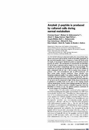 Amyloid beta-peptide is produced by cultured cells during normal metabolism