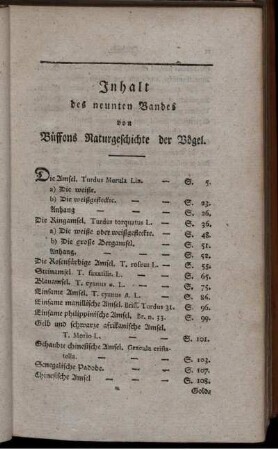 Inhalt des neunten Bandes von Buffons Naturgeschichte der Vögel.
