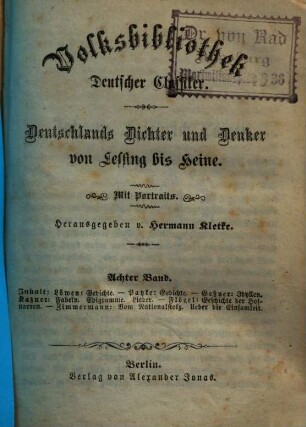 Volksbibliothek Deutscher Classiker : Deutschlands Dichter und Denker von Lessing bis Heine. 8., Johann Friedrich Löwen