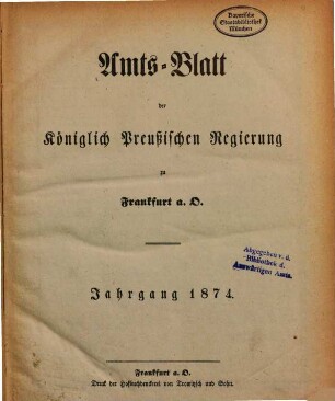 Amtsblatt der Regierung zu Frankfurt a.d. Oder. 1874