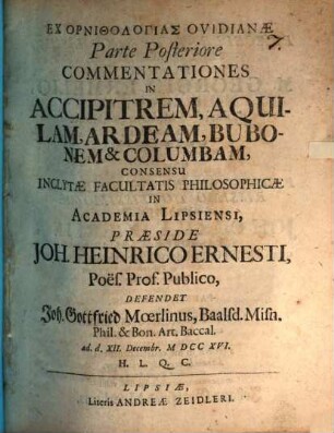 Ex ornithologias Ovidianae parte posteriore commentationes in accipitrem, aquilam, ardeam, bubonem et columbam