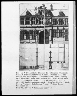 Architectura, oder Bauung der Antiquen auss dem Vitruvius, woellches sein funff Colummen orden ... — fol.15: Architekturentwurf