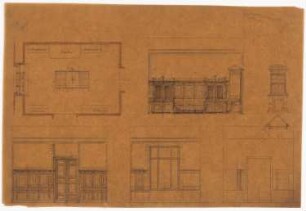 Palais Carl und Paul Eger Tempelhofer Ufer 10/11, Berlin-Kreuzberg: Grundriss, 4 Innenansichten, Ansicht Ofen, Perspektivische Ansicht Schreibtisch Herrenzimmer