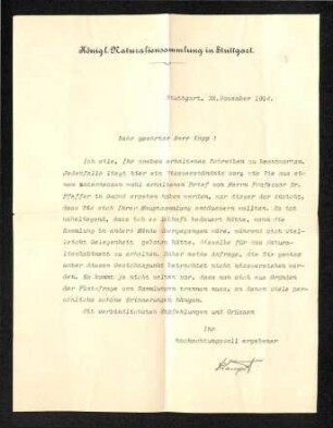 Brief von Lampert (Königliche Naturaliensammlung) an Kopp