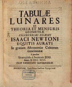 Tabulæ Lunares Ex Theoria Et Mensuris Geometræ Celeberrimi Domini Isaaci Newtoni Equitis Aurati