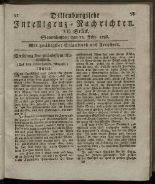 VII. Stück. Sonnabends: den 13. Febr. 1796.