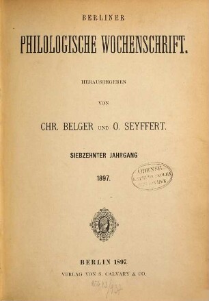 Berliner philologische Wochenschrift, 17. 1897