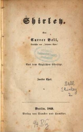Shirley : Von Currer Bell. Aus dem Englischen übersetzt, 2