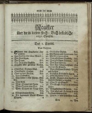 Register über die in diesem Koch-Buch befindliche 1030. Speisen.