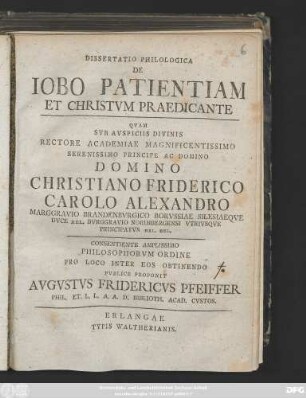 Dissertatio Philologica De Iobo Patientiam Et Christvm Praedicante