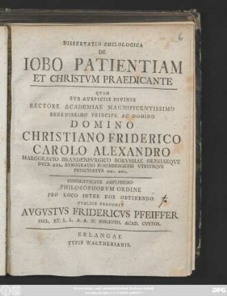 Dissertatio Philologica De Iobo Patientiam Et Christvm Praedicante
