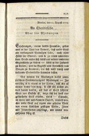 An Ebendieselbe. Ueber die Ahndungen.